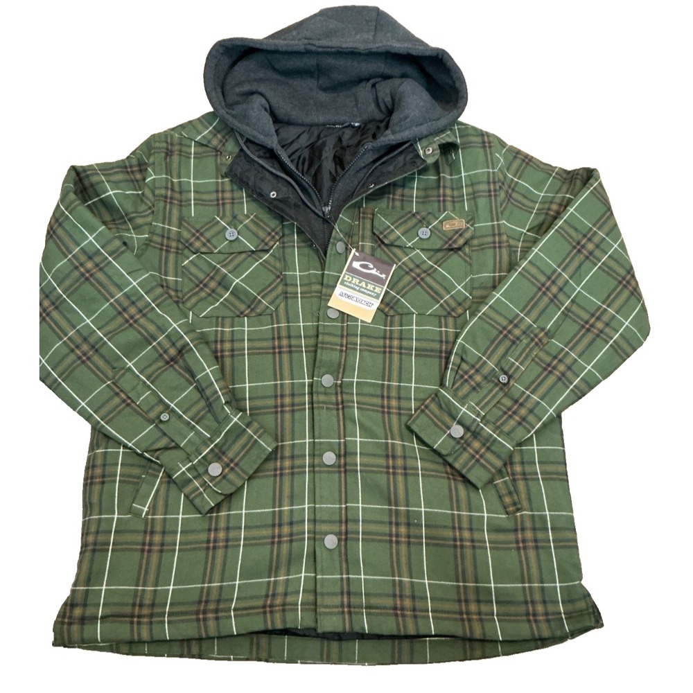 Drake Shirt Jacket Mens Large Green Plaid Flannel Hooded Snap Front NWT